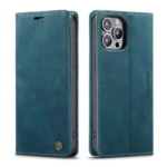 Pochette iPhone 14 Pro Max Etui Portefeuille en Cuir Bleu Coque Antichoc