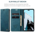 Pochette iPhone 14 Pro Max Etui Portefeuille en Cuir Bleu Coque Antichoc